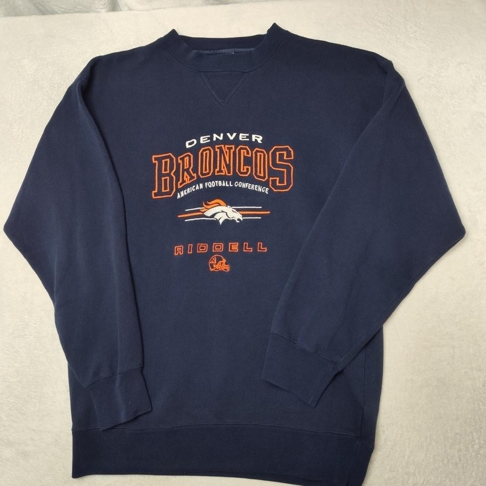 Vintage Denver Broncos Sweatshirt Mens L Blue NFL Football Y2K Riddell Crewneck